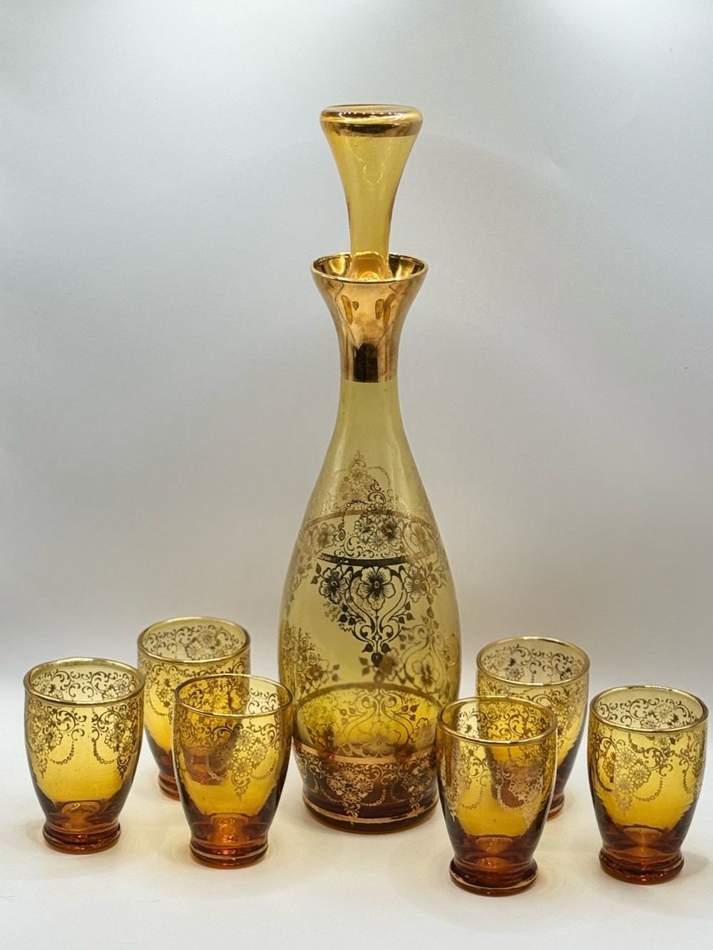 Vtg Laguna Murano Art Glass Decanter Set Amber/Gold Cordial Glasses 1920s Italy - Picture 10 of 11